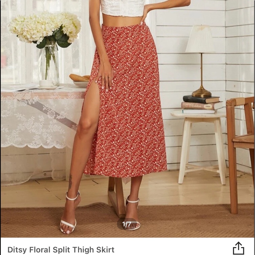 Shein Red Floral Midi Skirt